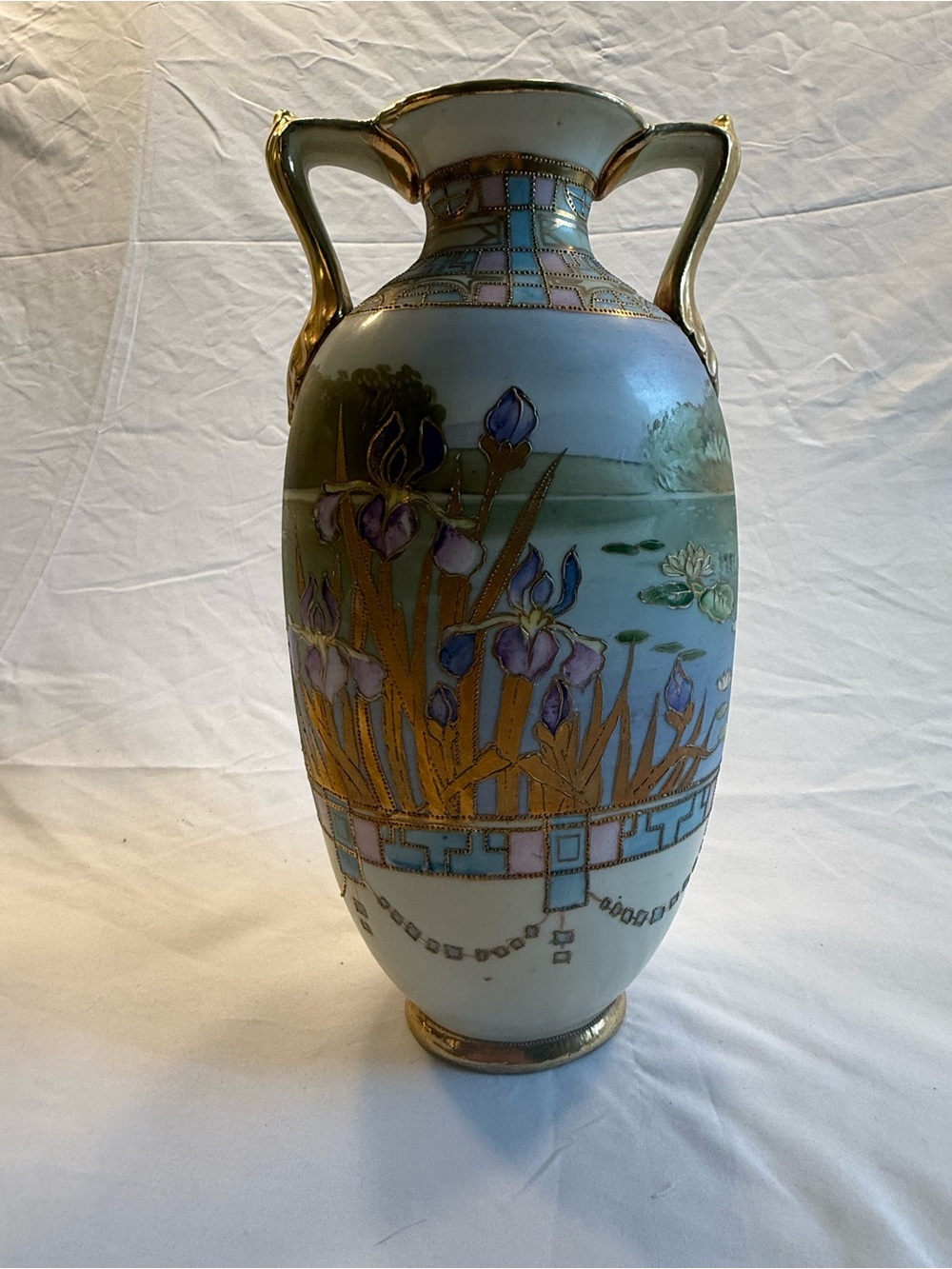 Hand Painted Nippon Double Handle Vase Made 1892-1920 Green Mark - VGC